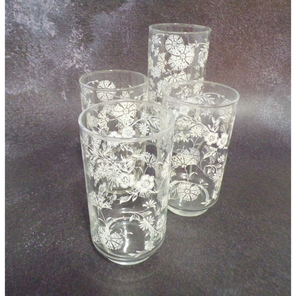 Libbey White Flower Design 12 oz Drinking Glasses‎ Set of 4